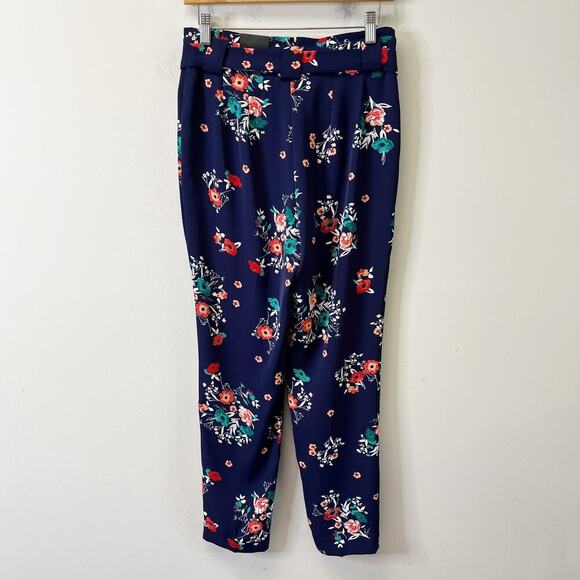 Express Women's Trouser Ankle Pants 4 Navy Blue Floral Paperbag Belted High Rise - Picture 3 of 10